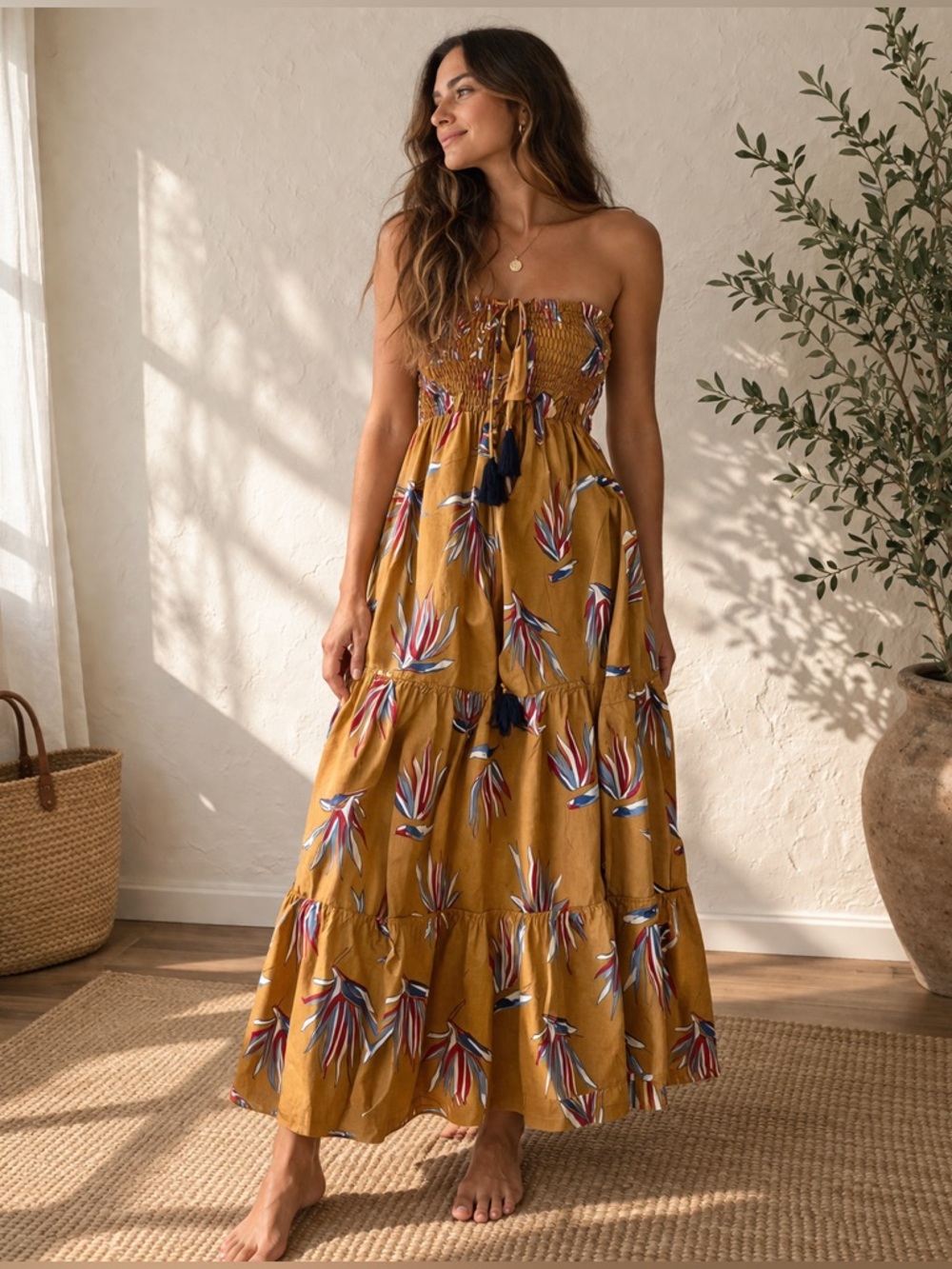 Natura Portugal Sienna Mustard Strapless Maxi Dress Skirt convertible S M 4 6 8